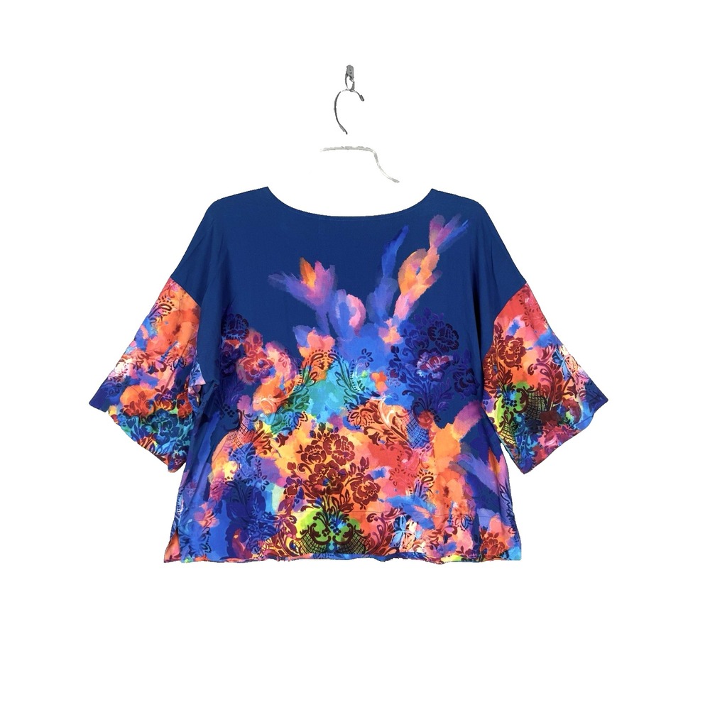 Soft Surroundings Blouse PL Blue Ultraviolet Floral Anniah Top Boho Artsy 3/4 - Picture 2 of 11